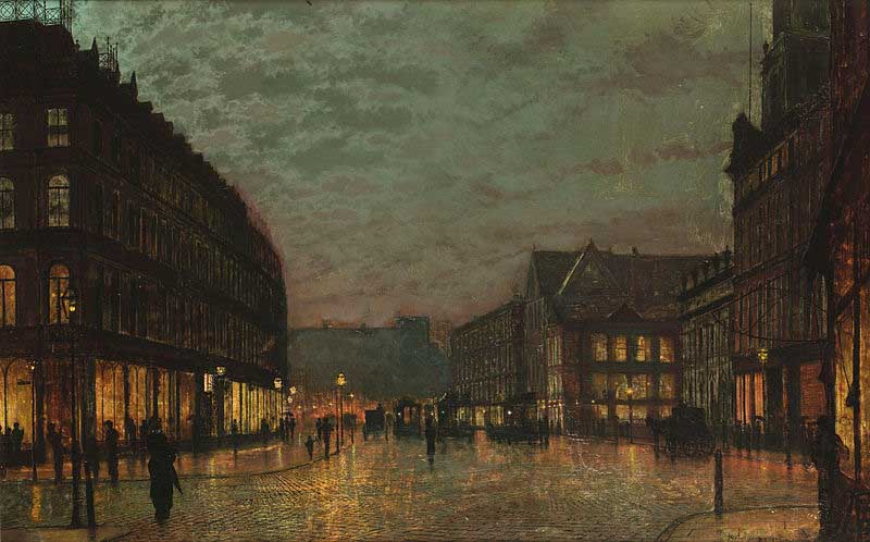 Boar Lane, Leeds, by lamplight. Signed and dated 